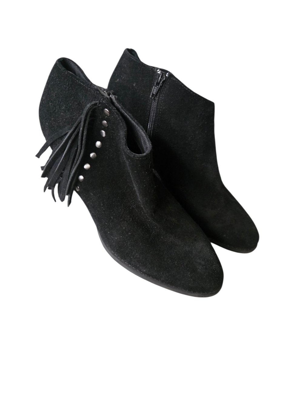 Vionic Black Suede Fringe Stud Ankle Boots